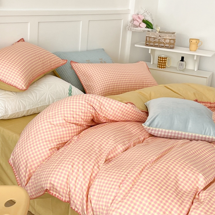 91家纺网 家纺一手货源 找家纺 （总）昔可家纺 2022新款全棉贝壳三角针格子款四件套