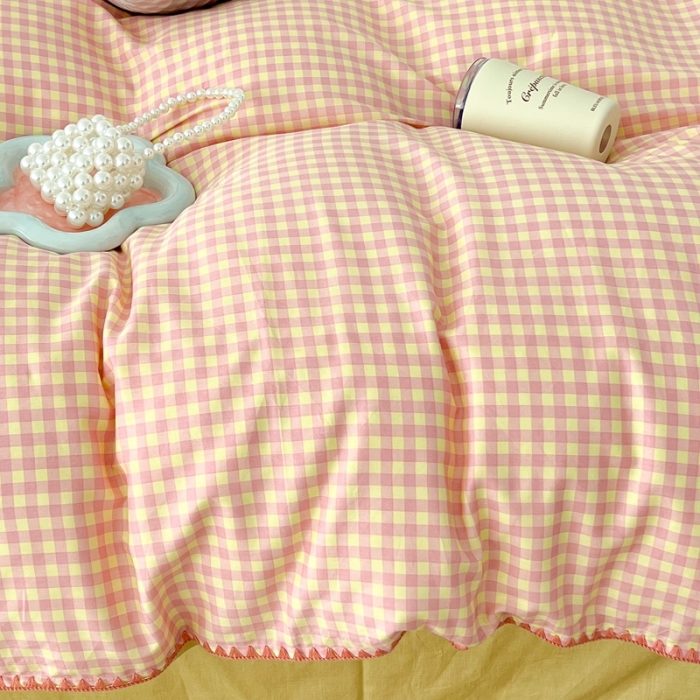 91家纺网 家纺一手货源 找家纺 （总）昔可家纺 2022新款全棉贝壳三角针格子款四件套