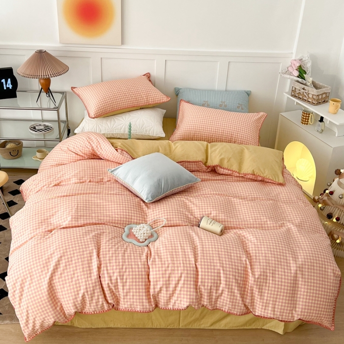 91家纺网 家纺一手货源 找家纺 昔可家纺 2022新款全棉贝壳三角针格子款四件套 粉黄格