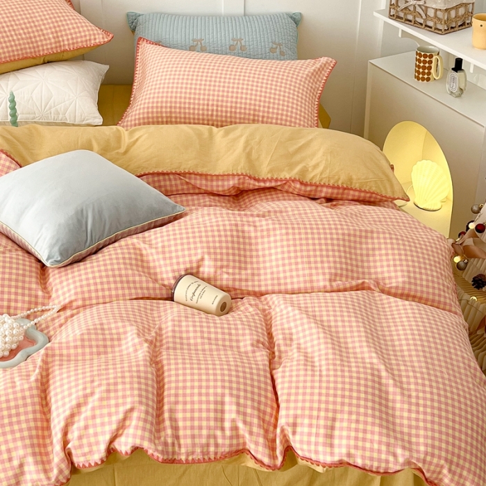 91家纺网 家纺一手货源 找家纺 昔可家纺 2022新款全棉贝壳三角针格子款四件套 粉黄格