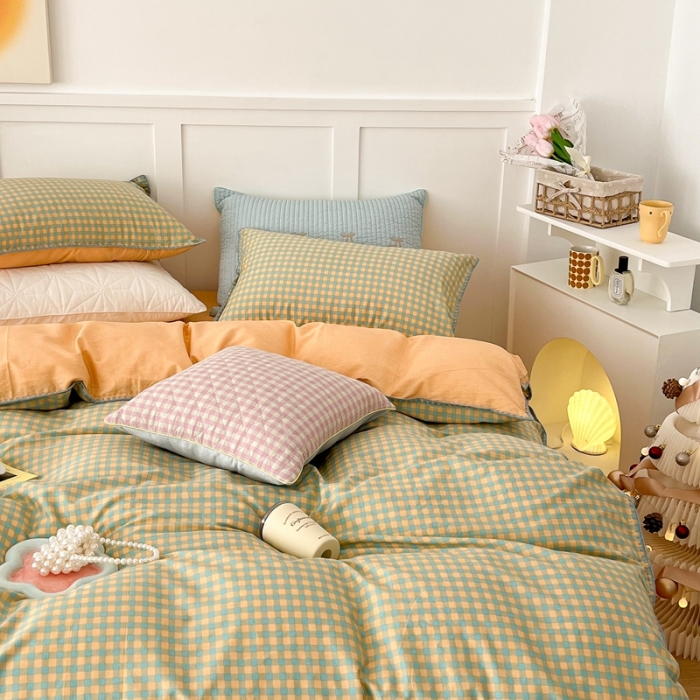 91家纺网 家纺一手货源 找家纺 昔可家纺 2022新款全棉贝壳三角针格子款四件套 绿桔格