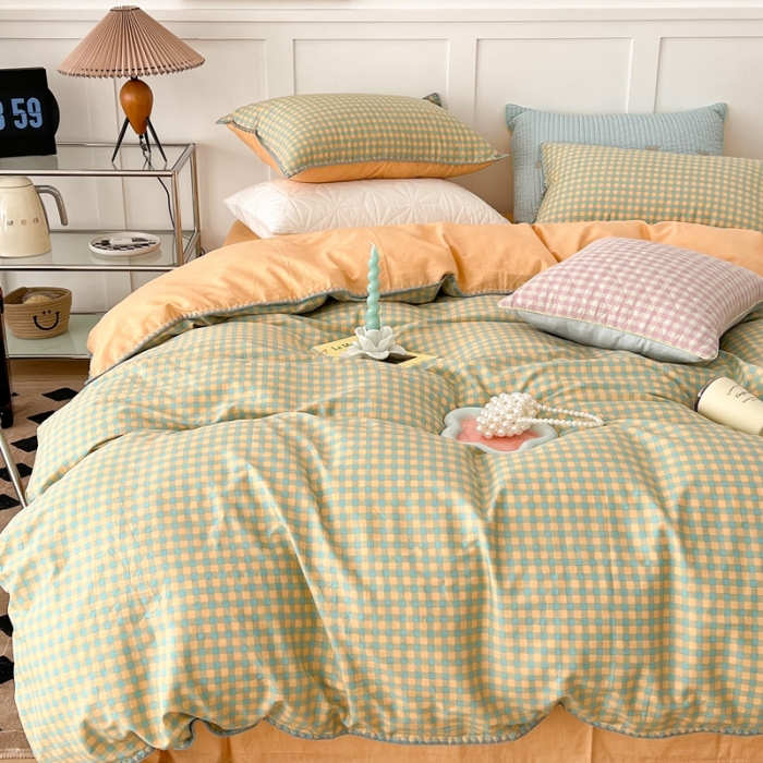 91家纺网 家纺一手货源 找家纺 昔可家纺 2022新款全棉贝壳三角针格子款四件套 绿桔格