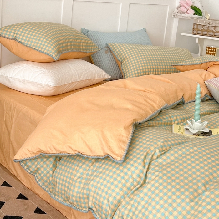 91家纺网 家纺一手货源 找家纺 昔可家纺 2022新款全棉贝壳三角针格子款四件套 绿桔格