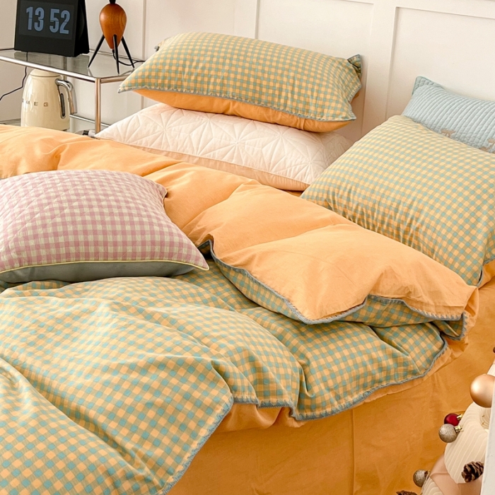 91家纺网 家纺一手货源 找家纺 昔可家纺 2022新款全棉贝壳三角针格子款四件套 绿桔格