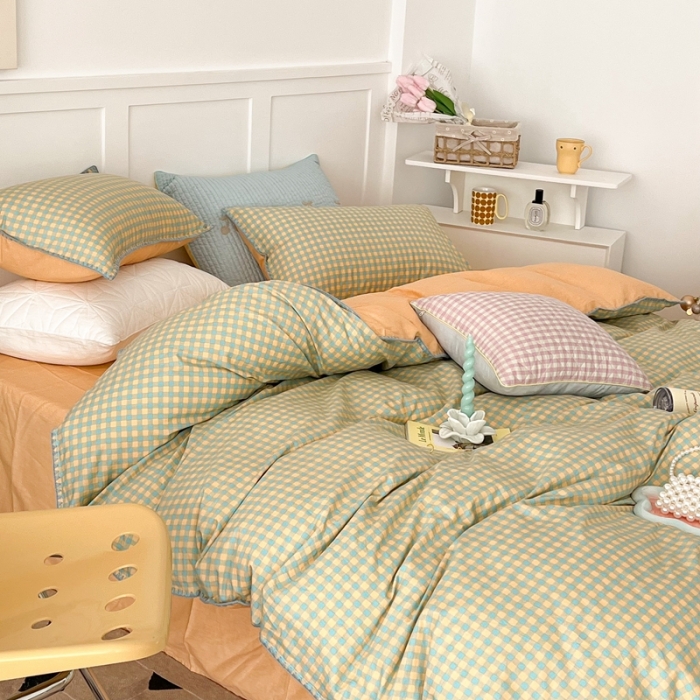 91家纺网 家纺一手货源 找家纺 昔可家纺 2022新款全棉贝壳三角针格子款四件套 绿桔格