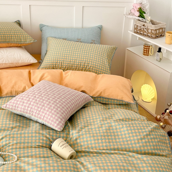 91家纺网 家纺一手货源 找家纺 昔可家纺 2022新款全棉贝壳三角针格子款四件套 绿桔格