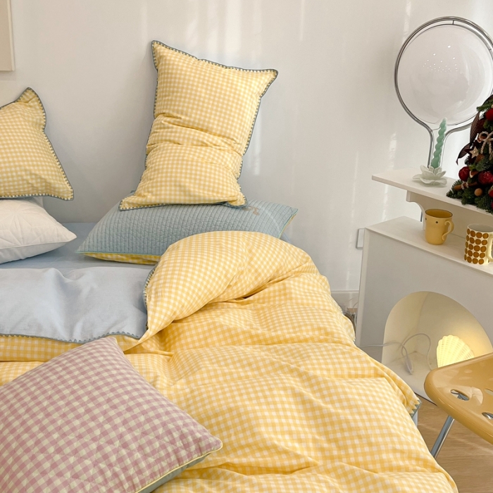 91家纺网 家纺一手货源 找家纺 昔可家纺 2022新款全棉贝壳三角针格子款四件套 奶黄格