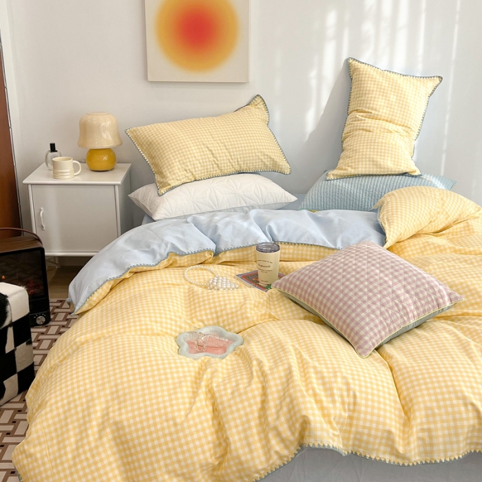 91家纺网 家纺一手货源 找家纺 昔可家纺 2022新款全棉贝壳三角针格子款四件套 奶黄格