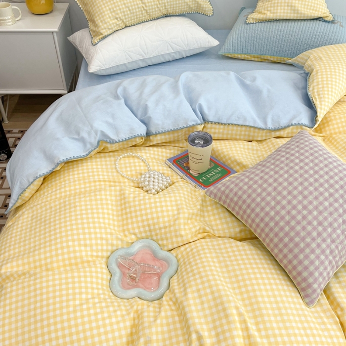 91家纺网 家纺一手货源 找家纺 昔可家纺 2022新款全棉贝壳三角针格子款四件套 奶黄格