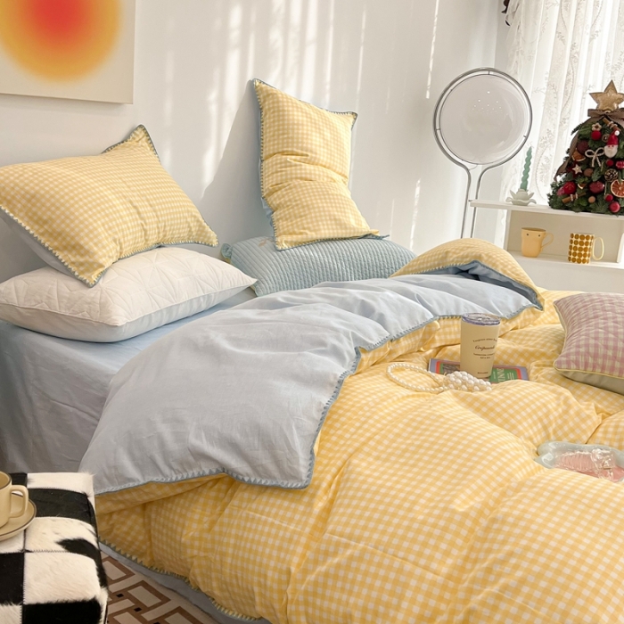 91家纺网 家纺一手货源 找家纺 昔可家纺 2022新款全棉贝壳三角针格子款四件套 奶黄格