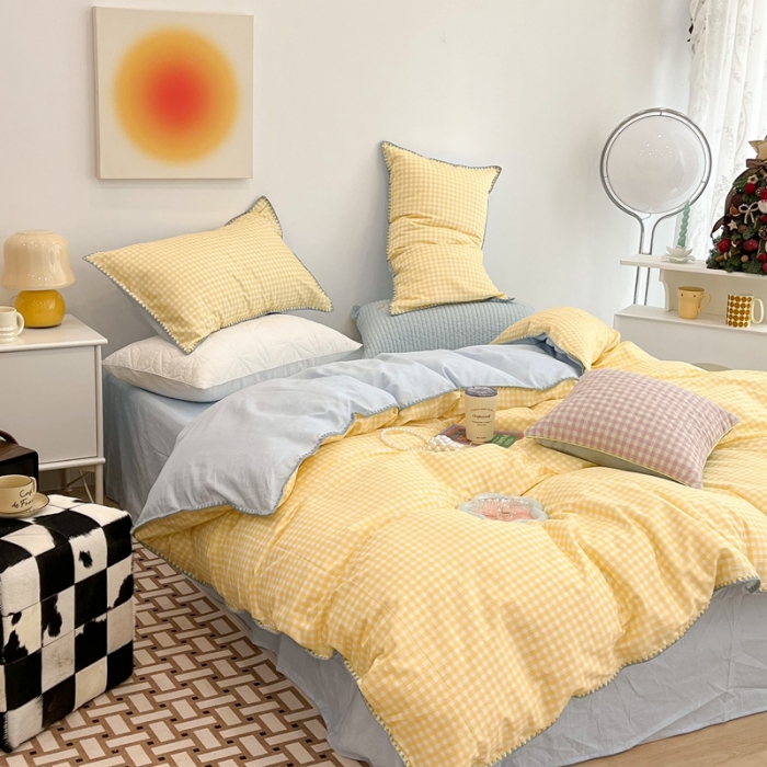 91家纺网 家纺一手货源 找家纺 昔可家纺 2022新款全棉贝壳三角针格子款四件套 奶黄格