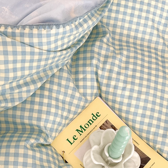 91家纺网 家纺一手货源 找家纺 昔可家纺 2022新款全棉贝壳三角针格子款四件套 奶蓝格