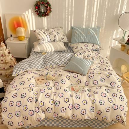 昔可家纺 2022新款13372普通款四件套 棋盘克莱因蓝花