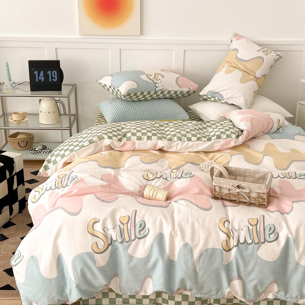 91家纺网 家纺一手货源 找家纺 昔可家纺 2022新款13372普通款四件套 彩色微笑