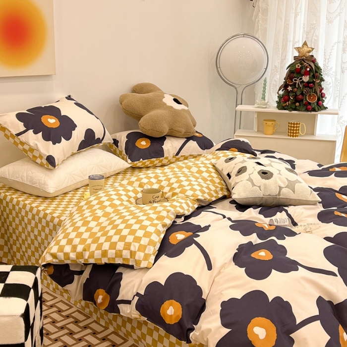 91家纺网 家纺一手货源 找家纺 昔可家纺 2022新款13372普通款四件套 棋盘复古花黑