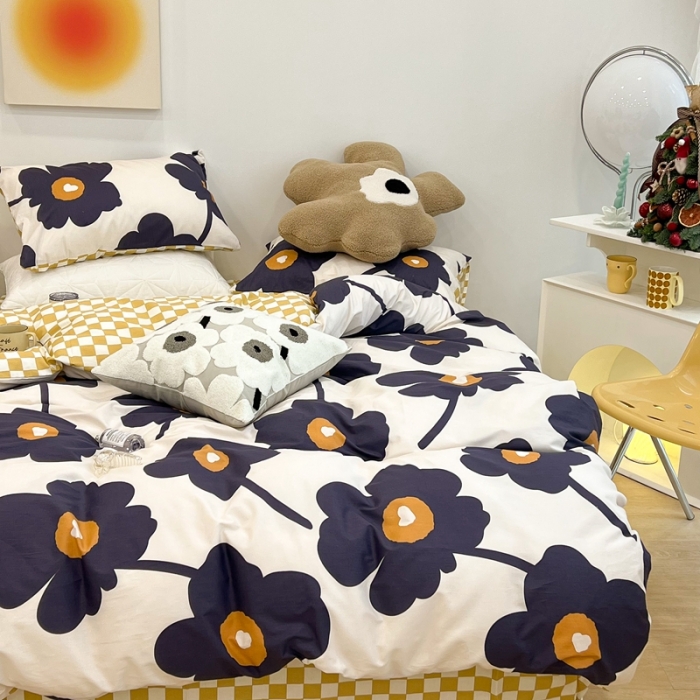 91家纺网 家纺一手货源 找家纺 昔可家纺 2022新款13372普通款四件套 棋盘复古花黑