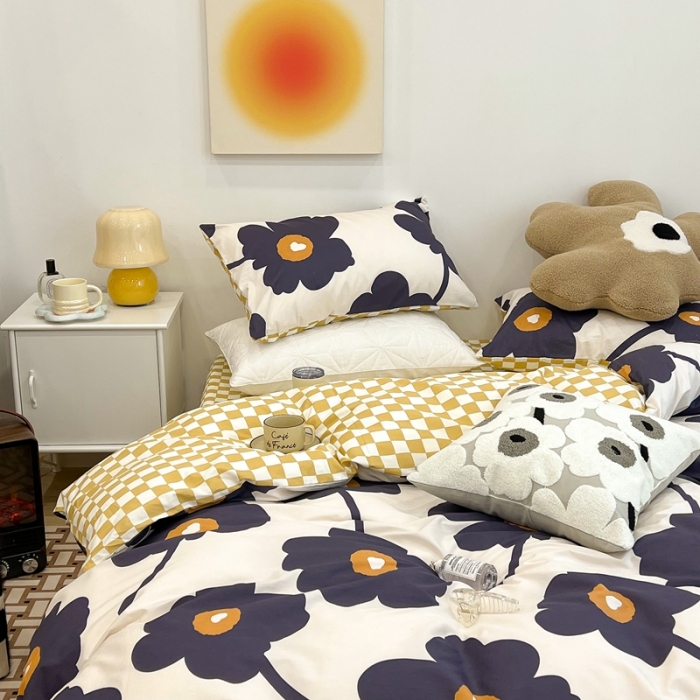 91家纺网 家纺一手货源 找家纺 昔可家纺 2022新款13372普通款四件套 棋盘复古花黑