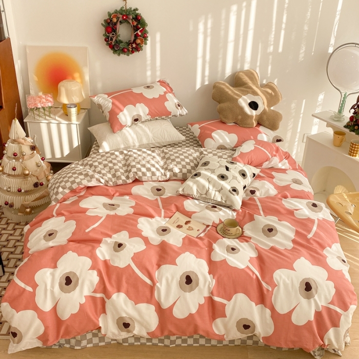 91家纺网 家纺一手货源 找家纺 昔可家纺 2022新款13372普通款四件套 棋盘复古花红