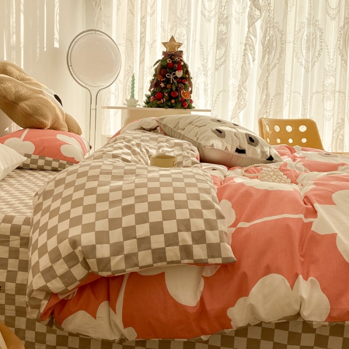 91家纺网 家纺一手货源 找家纺 昔可家纺 2022新款13372普通款四件套 棋盘复古花红