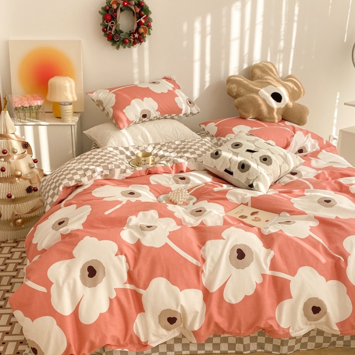 91家纺网 家纺一手货源 找家纺 昔可家纺 2022新款13372普通款四件套 棋盘复古花红