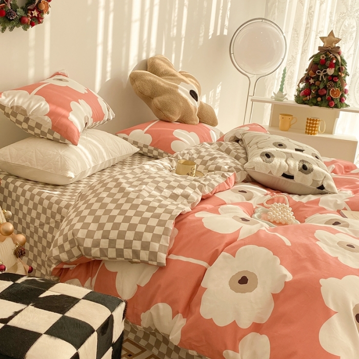 91家纺网 家纺一手货源 找家纺 昔可家纺 2022新款13372普通款四件套 棋盘复古花红