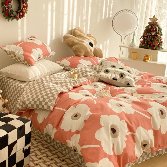 91家纺网 家纺一手货源 找家纺 昔可家纺 2022新款13372普通款四件套 棋盘复古花红