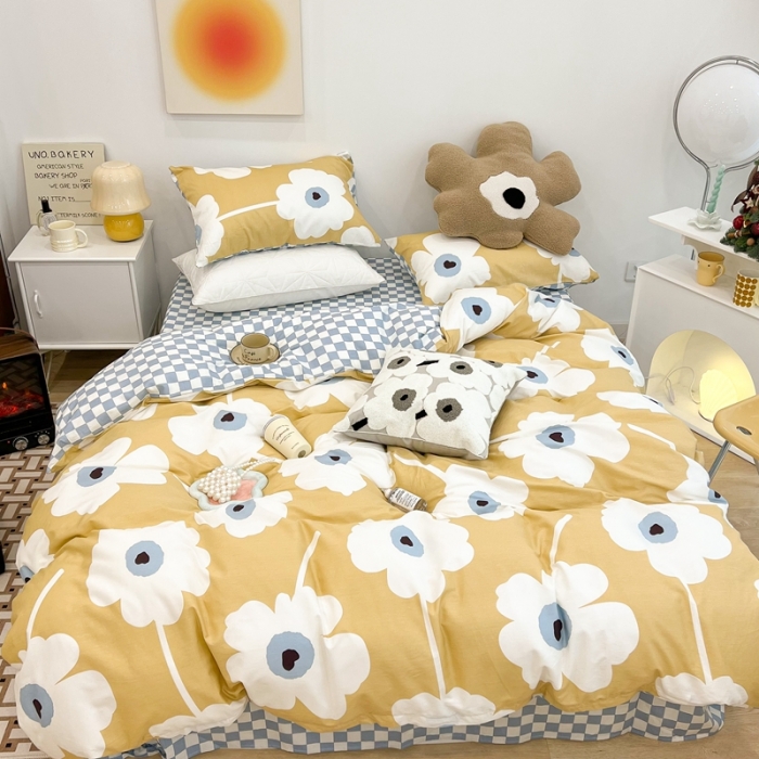 91家纺网 家纺一手货源 找家纺 昔可家纺 2022新款13372普通款四件套 棋盘复古花黄