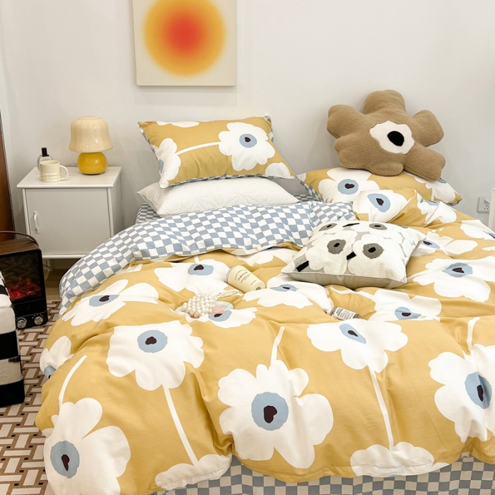 91家纺网 家纺一手货源 找家纺 昔可家纺 2022新款13372普通款四件套 棋盘复古花黄