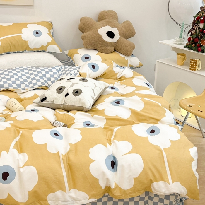 91家纺网 家纺一手货源 找家纺 昔可家纺 2022新款13372普通款四件套 棋盘复古花黄