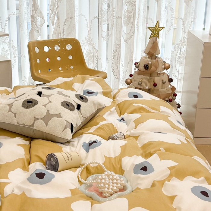 91家纺网 家纺一手货源 找家纺 昔可家纺 2022新款13372普通款四件套 棋盘复古花黄