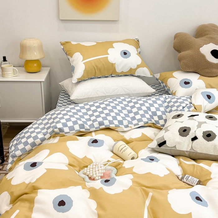 91家纺网 家纺一手货源 找家纺 昔可家纺 2022新款13372普通款四件套 棋盘复古花黄