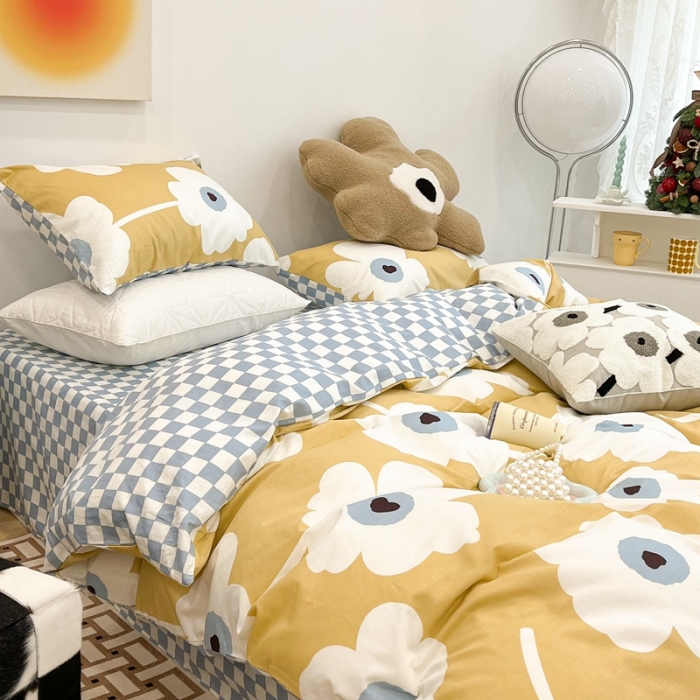 91家纺网 家纺一手货源 找家纺 昔可家纺 2022新款13372普通款四件套 棋盘复古花黄