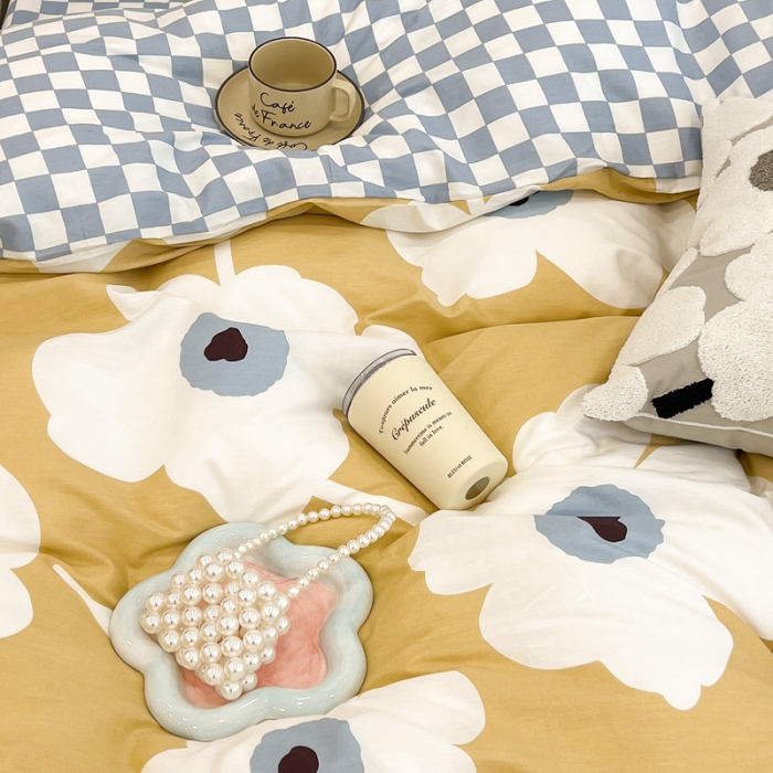 91家纺网 家纺一手货源 找家纺 昔可家纺 2022新款13372普通款四件套 棋盘复古花黄