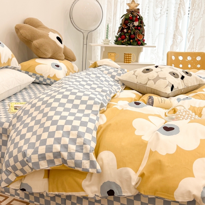 91家纺网 家纺一手货源 找家纺 昔可家纺 2022新款13372普通款四件套 棋盘复古花黄