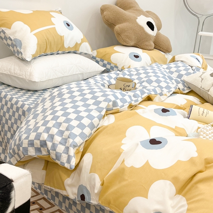 91家纺网 家纺一手货源 找家纺 昔可家纺 2022新款13372普通款四件套 棋盘复古花黄