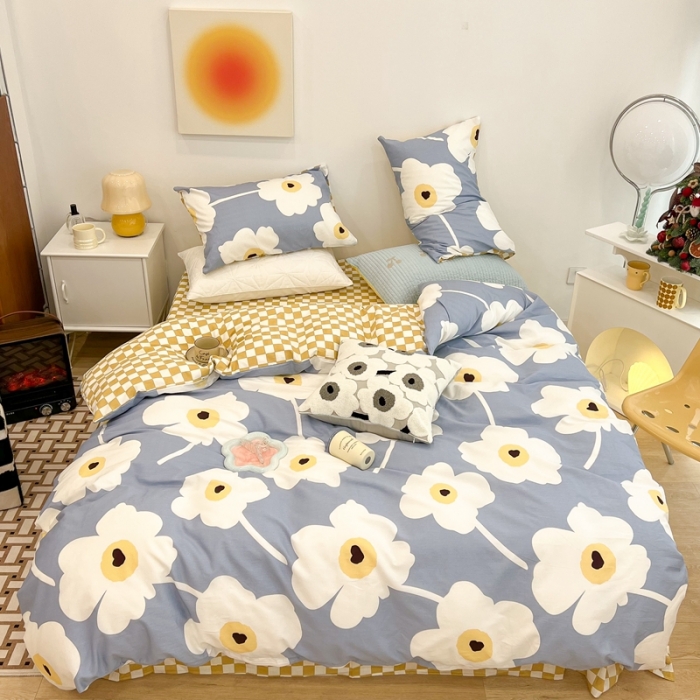 91家纺网 家纺一手货源 找家纺 昔可家纺 2022新款13372普通款四件套 棋盘复古花蓝