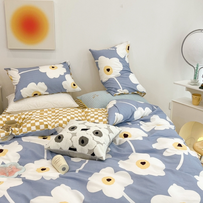 91家纺网 家纺一手货源 找家纺 昔可家纺 2022新款13372普通款四件套 棋盘复古花蓝