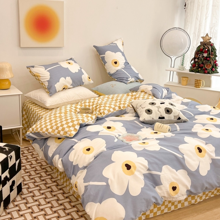 91家纺网 家纺一手货源 找家纺 昔可家纺 2022新款13372普通款四件套 棋盘复古花蓝