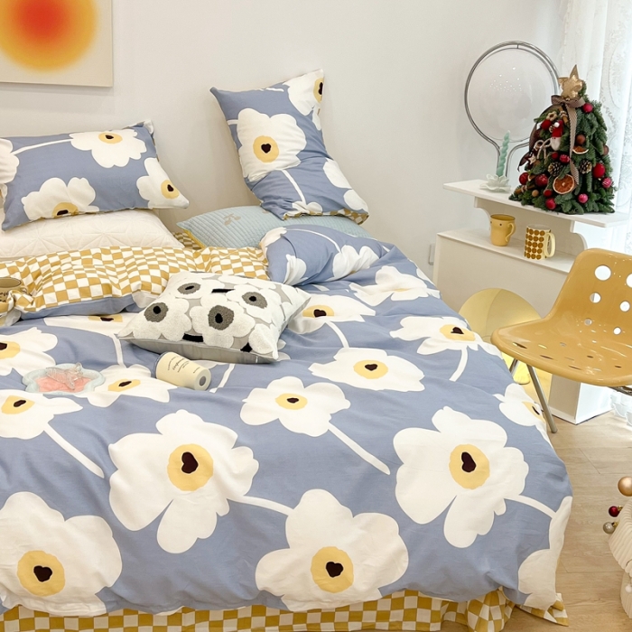 91家纺网 家纺一手货源 找家纺 昔可家纺 2022新款13372普通款四件套 棋盘复古花蓝