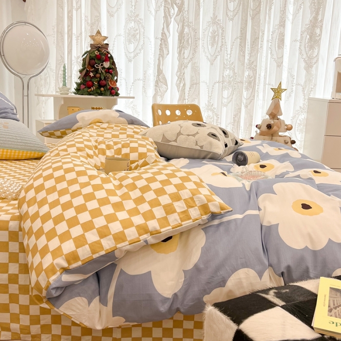 91家纺网 家纺一手货源 找家纺 昔可家纺 2022新款13372普通款四件套 棋盘复古花蓝