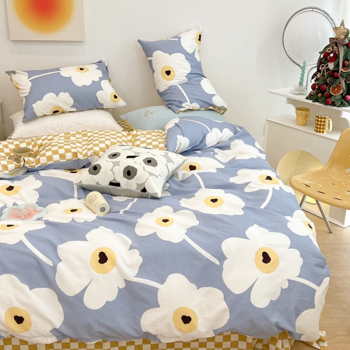 91家纺网 家纺一手货源 找家纺 昔可家纺 2022新款13372普通款四件套 棋盘复古花蓝