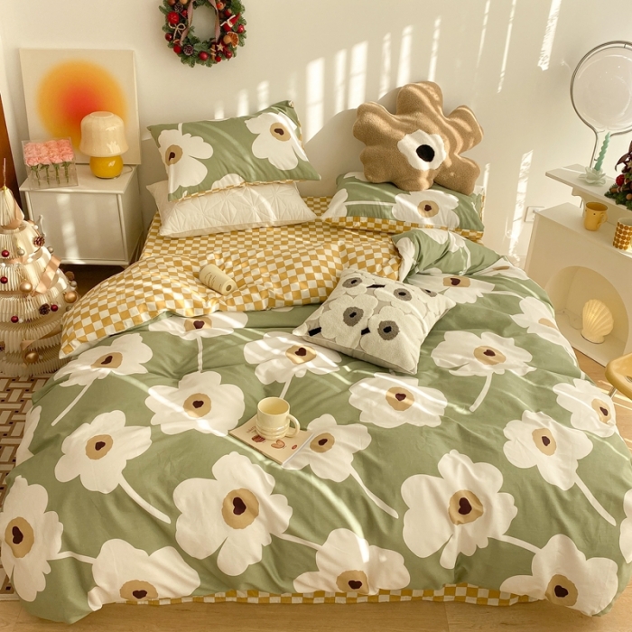 91家纺网 家纺一手货源 找家纺 昔可家纺 2022新款13372普通款四件套 棋盘复古花绿