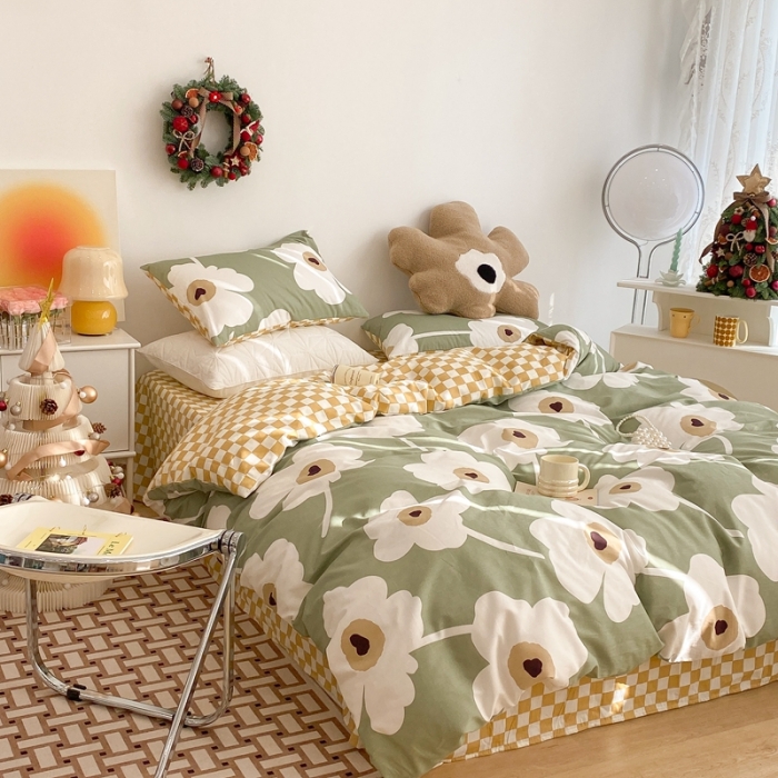 91家纺网 家纺一手货源 找家纺 昔可家纺 2022新款13372普通款四件套 棋盘复古花绿