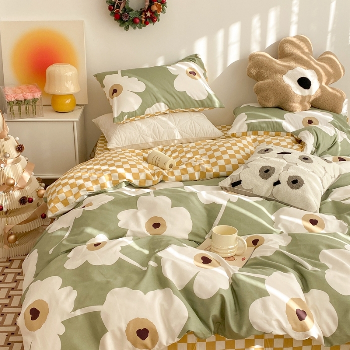 91家纺网 家纺一手货源 找家纺 昔可家纺 2022新款13372普通款四件套 棋盘复古花绿