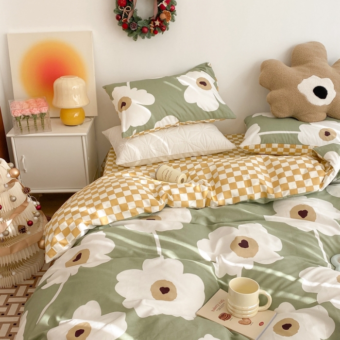 91家纺网 家纺一手货源 找家纺 昔可家纺 2022新款13372普通款四件套 棋盘复古花绿