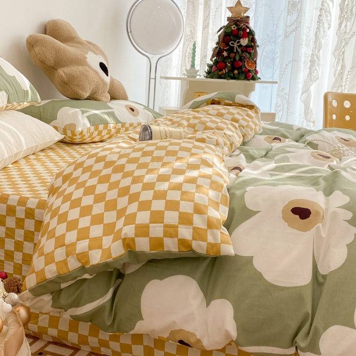 91家纺网 家纺一手货源 找家纺 昔可家纺 2022新款13372普通款四件套 棋盘复古花绿