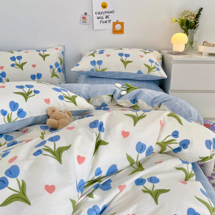 91家纺网 家纺一手货源 找家纺 安哆啦 2022春夏新款13372全棉单被套 蓝色郁金香