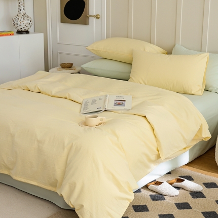 91家纺网 家纺一手货源 找家纺 北欧风ins纯棉水洗棉床四件套全棉简约被套床单上三件套床笠 鹅黄-螺旋藻绿