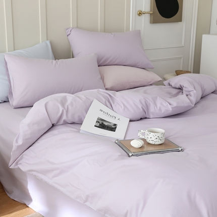91家纺网 家纺一手货源 找家纺 北欧风ins纯棉水洗棉床四件套全棉简约被套床单上三件套床笠 千夏紫