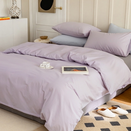 91家纺网 家纺一手货源 找家纺 北欧风ins纯棉水洗棉床四件套全棉简约被套床单上三件套床笠 千夏紫-水貂灰